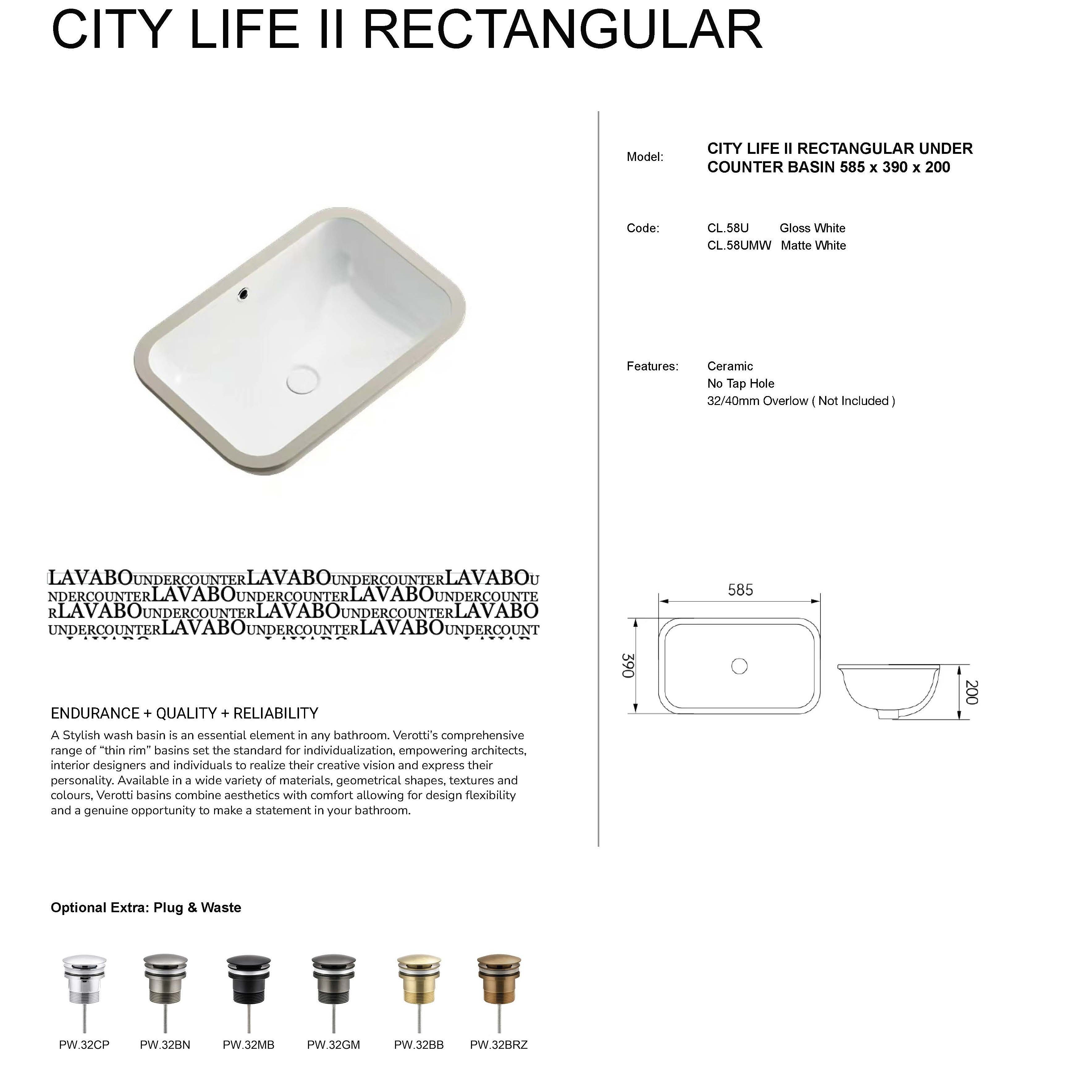 CITY LIFE II RECTANGULAR UNDER COUNTER BASIN (585, 390, 200)