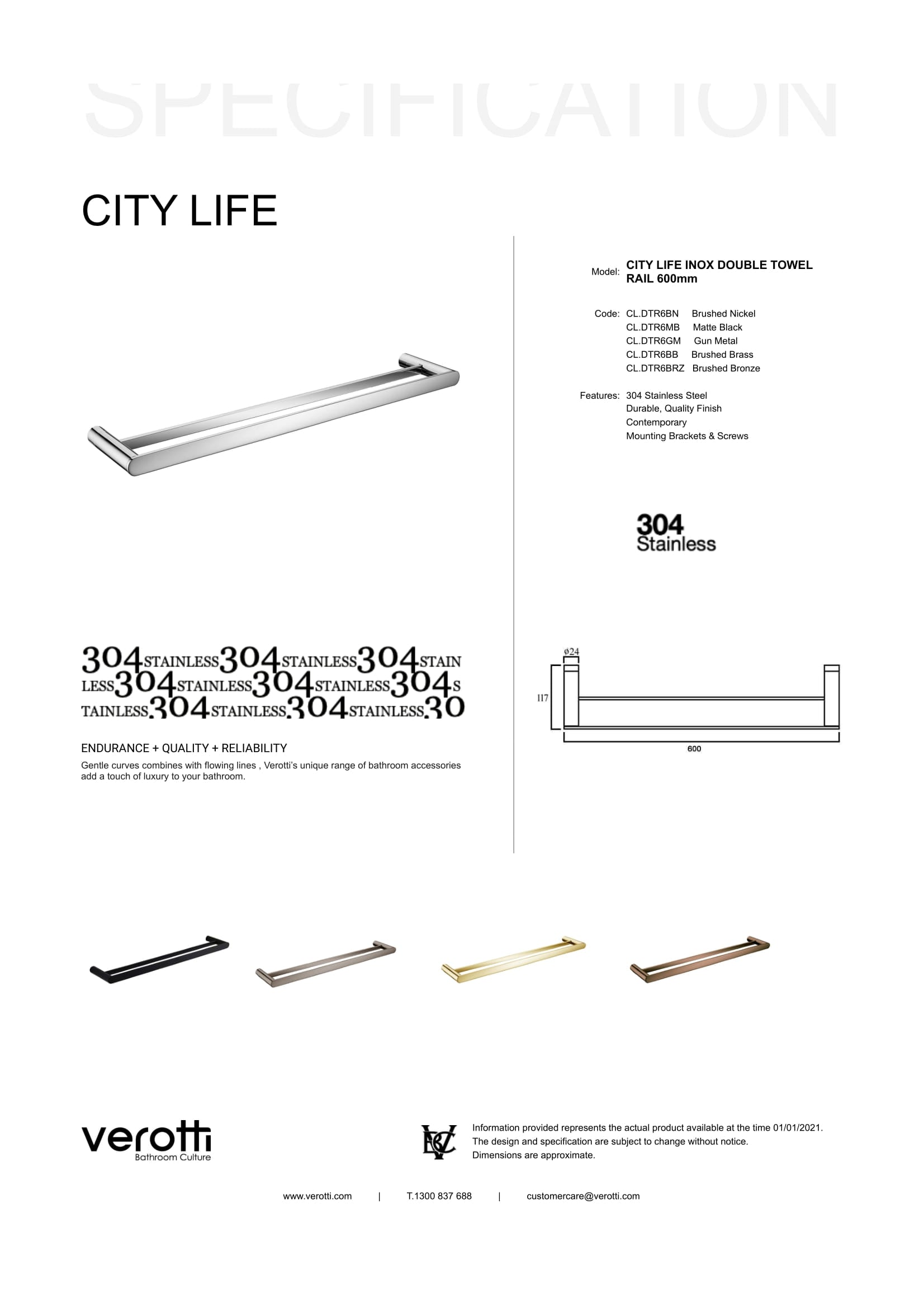 City Life Inox 600mm Double Towel Rail