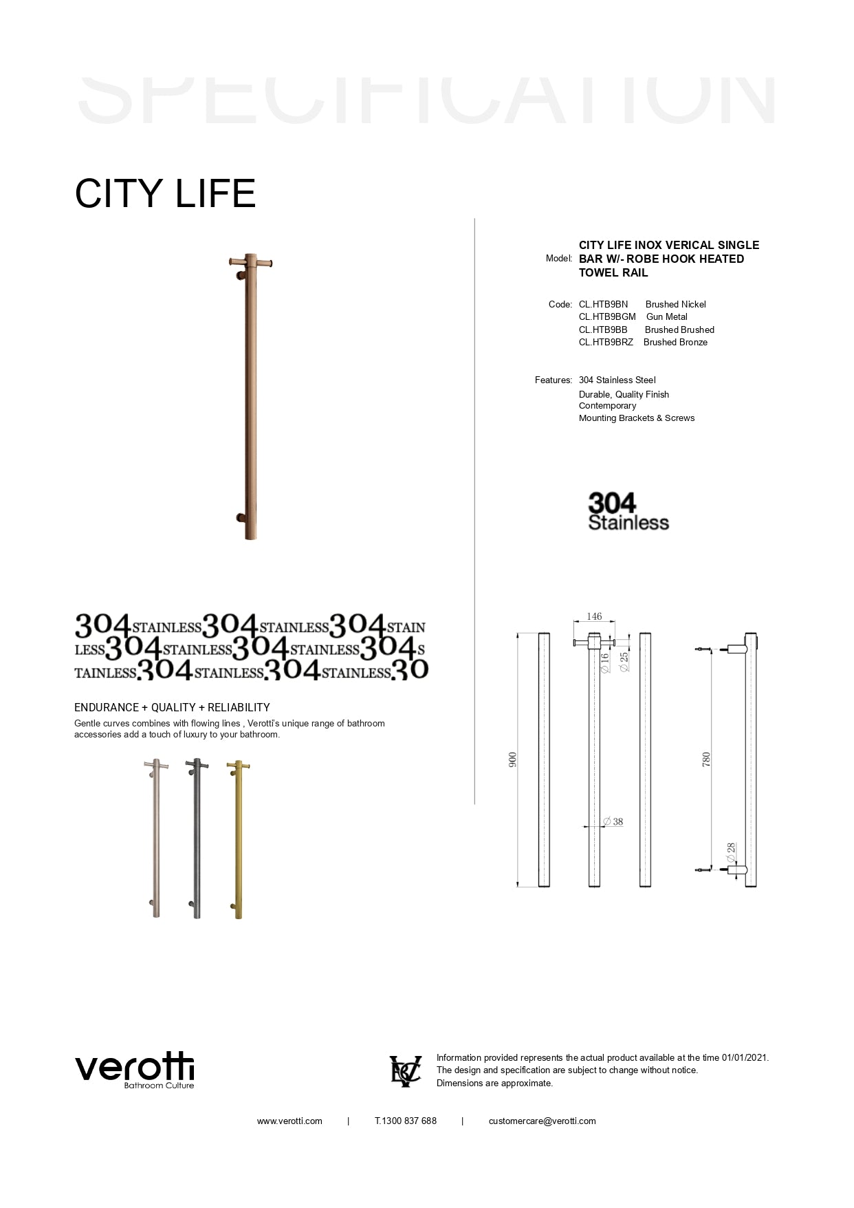 City Life Inox Vertical Single Bar With Robe Hook Heated Towel Rail