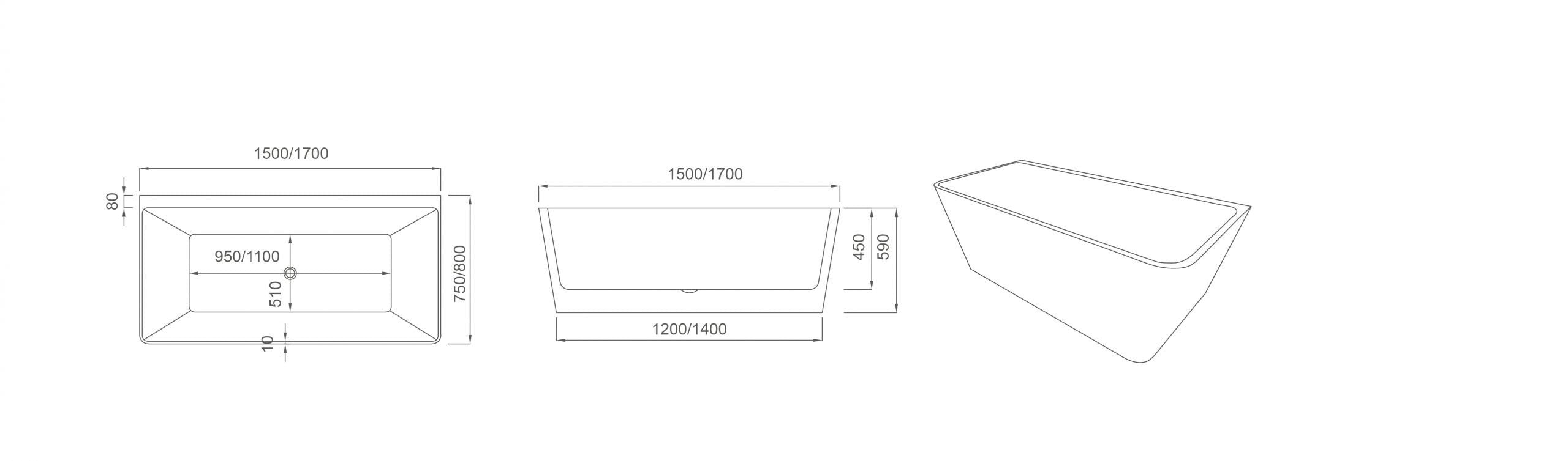 Fortuna Ultra-Thin Back-to-Wall Bathtub - Gloss White 1500mm x 750mm x 590mm