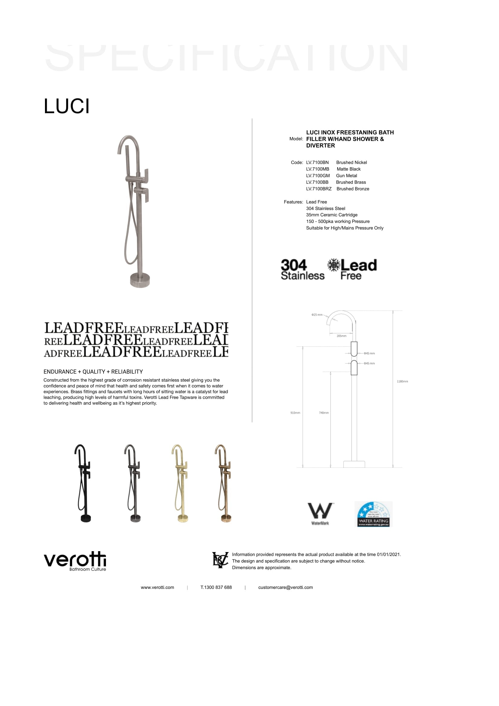 Luci Inox Freestanding Bath Filler w/ Hand Shower & Diverter