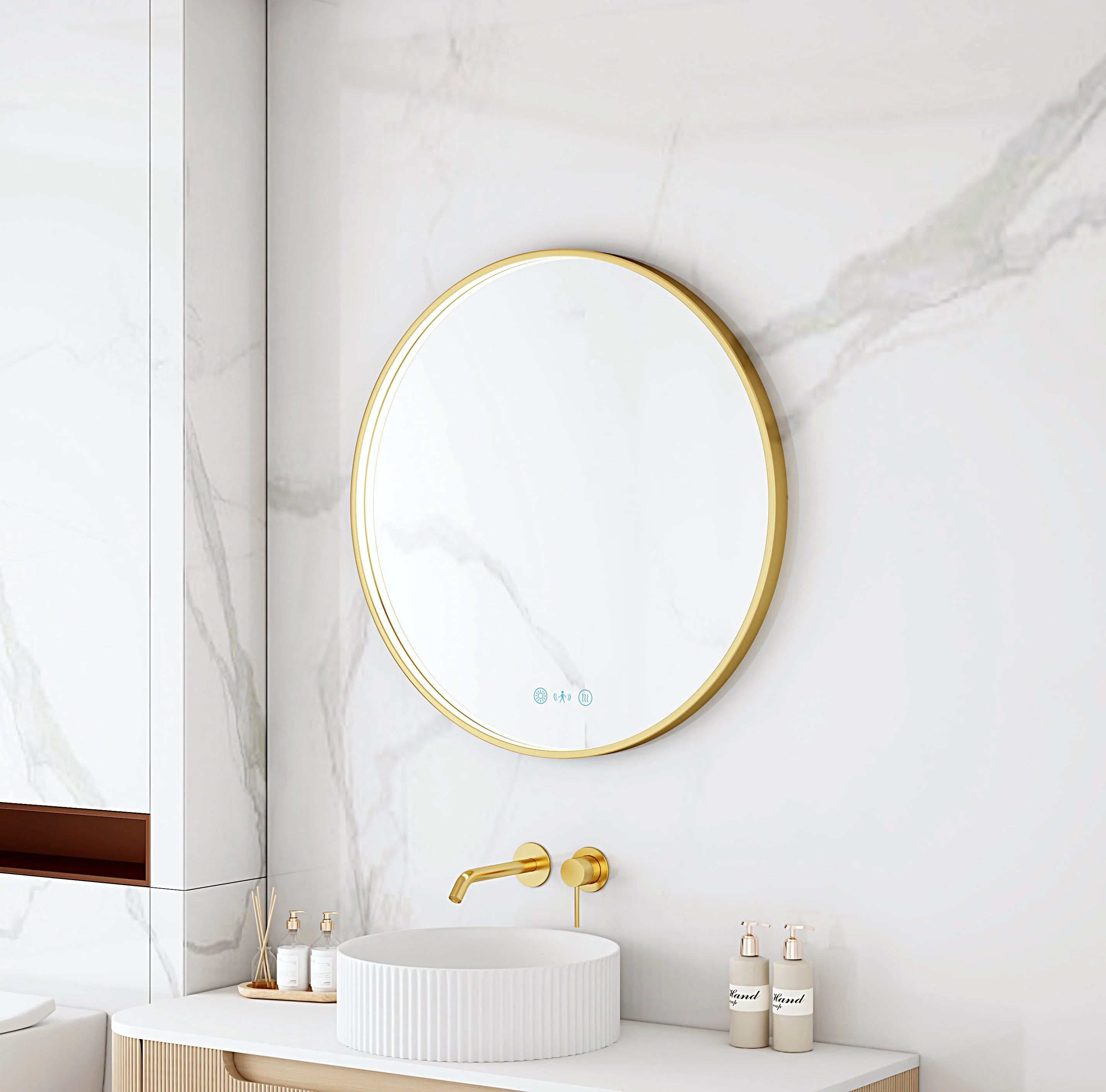 Maia 600/750/900mm LED Round Mirror – Brushed Gold Frame