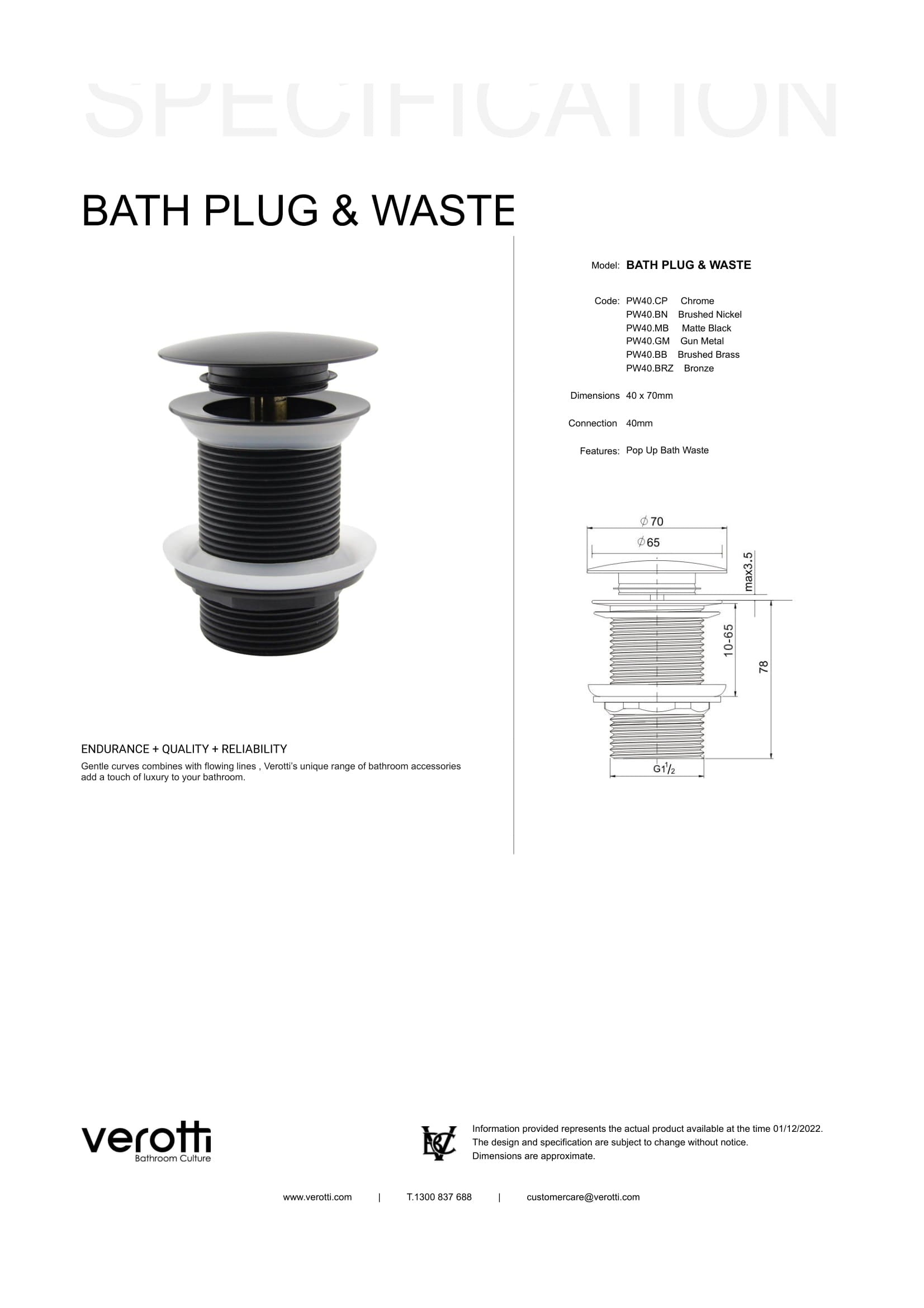 Pop Up Bath Waste 40mm Connection