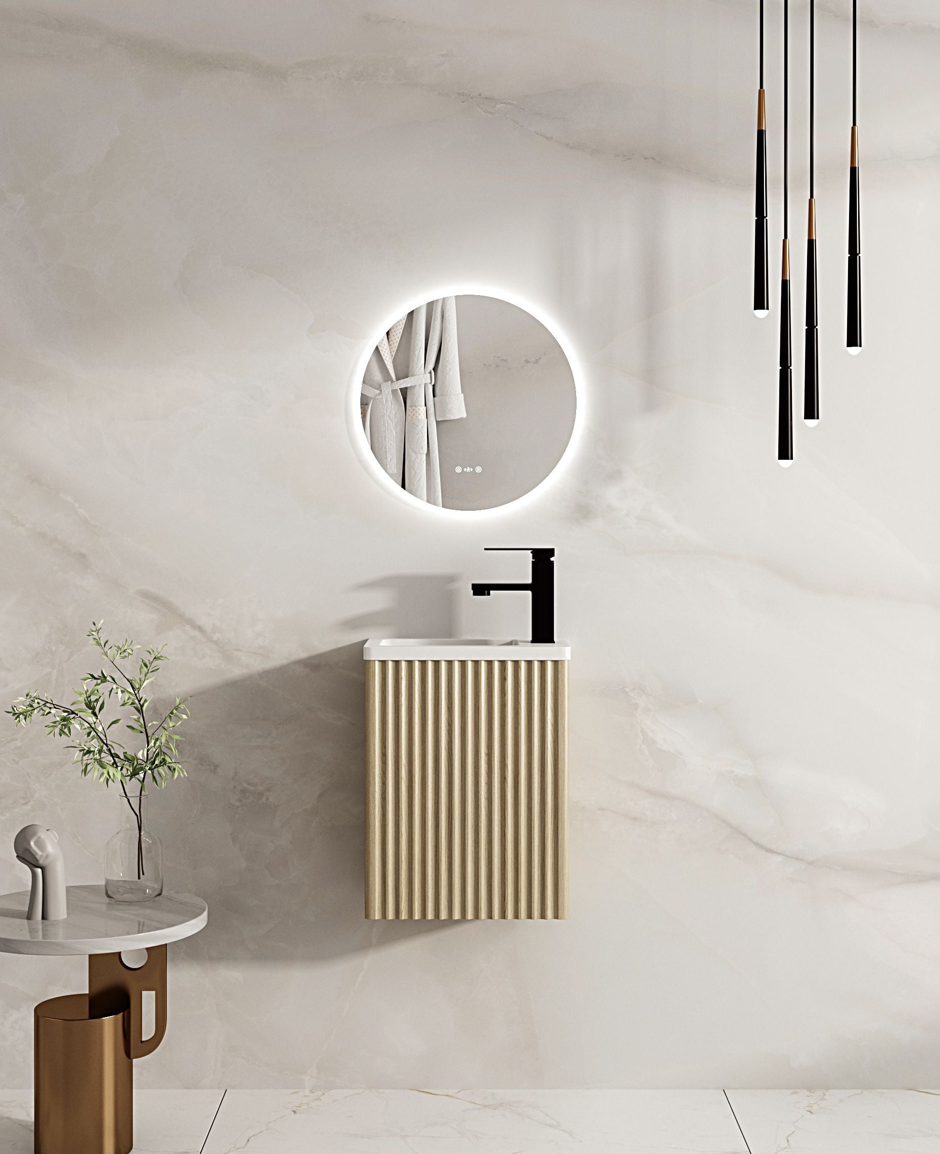 Fluted Rhea 400mm Wall-Hung Cabinet & Gloss White Basin - Natural Oak
