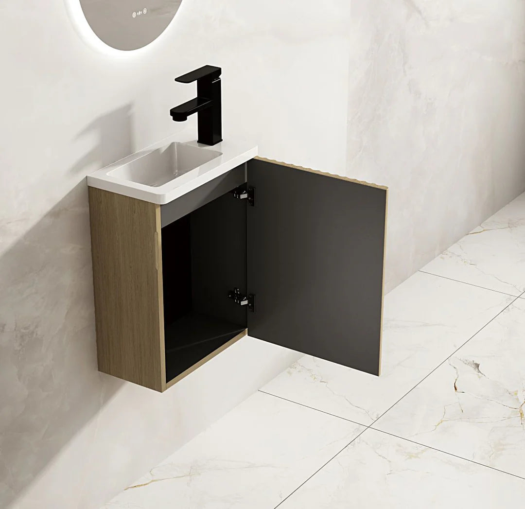 Fluted Rhea 400mm Wall-Hung Cabinet & Gloss White Basin - Natural Oak