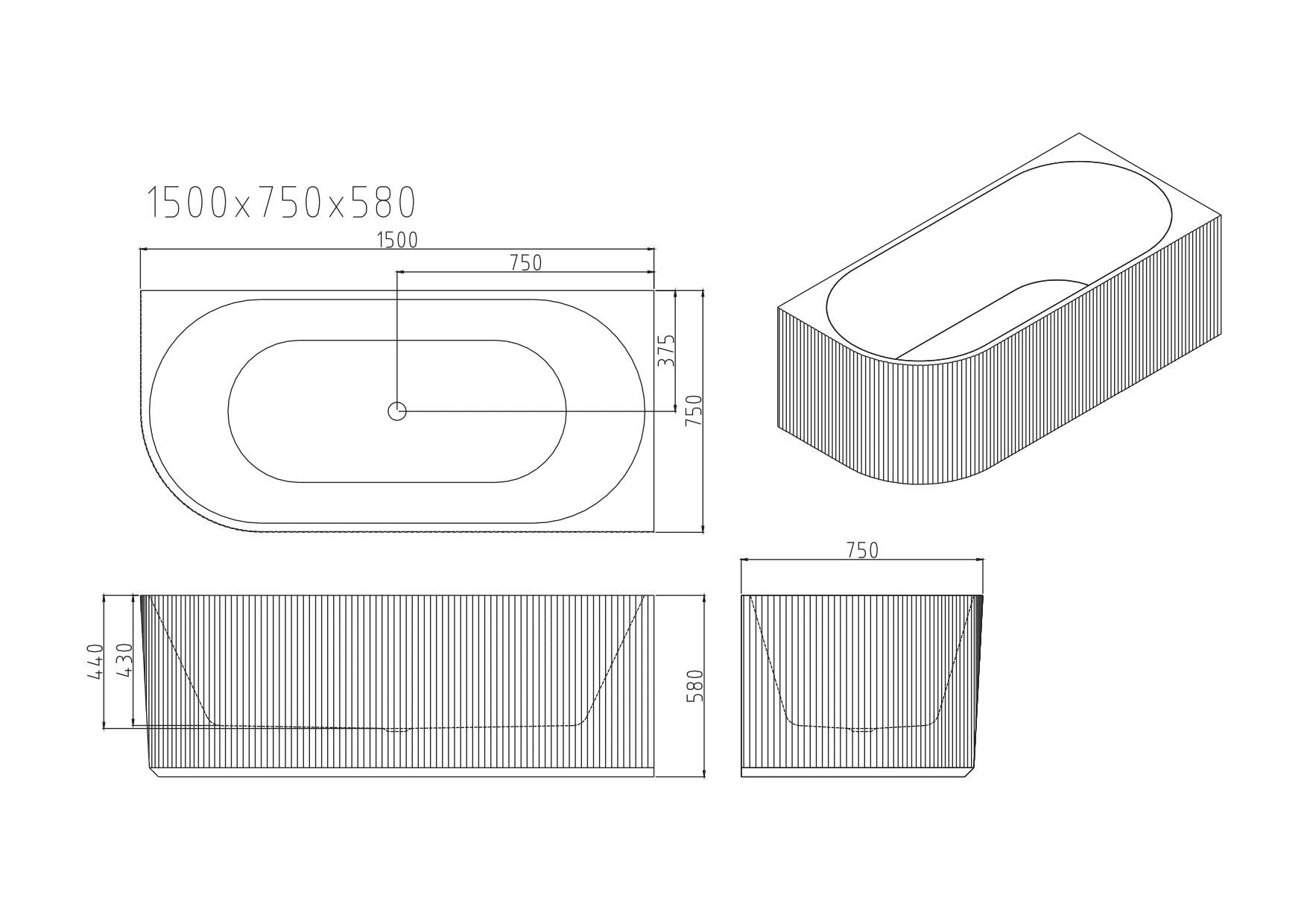Rose V-Groove Corner Bathtub - Matt White