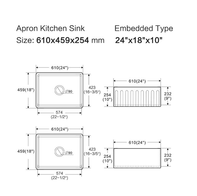 Rocca Fine Fireclay Farm House Butler Sink 610mm x 459mm x 254mm