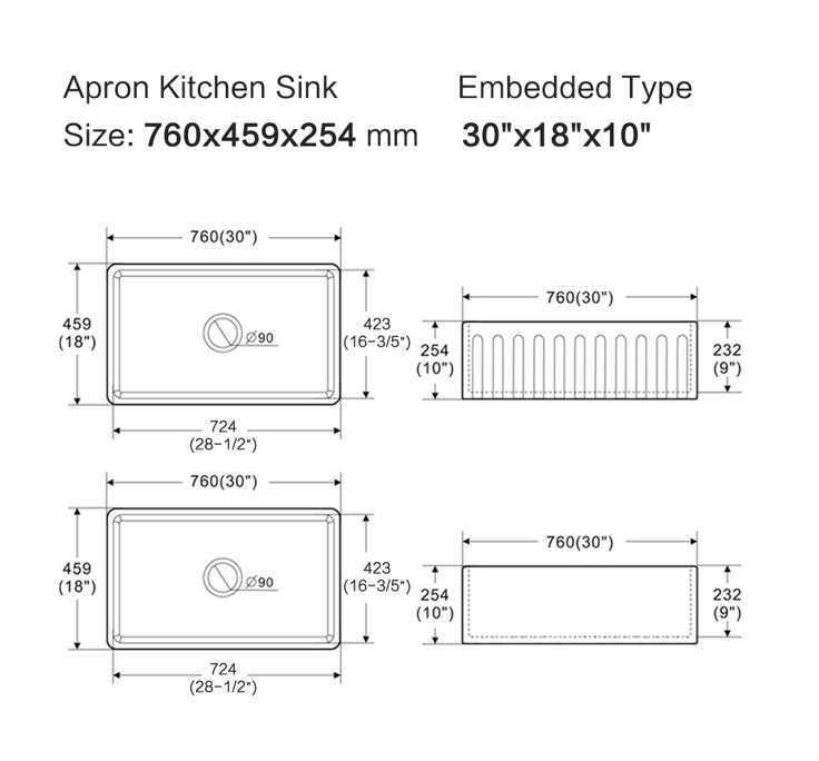Rocca Fine Fireclay Farm House Butler Sink 760mm x 459mm x 254mm
