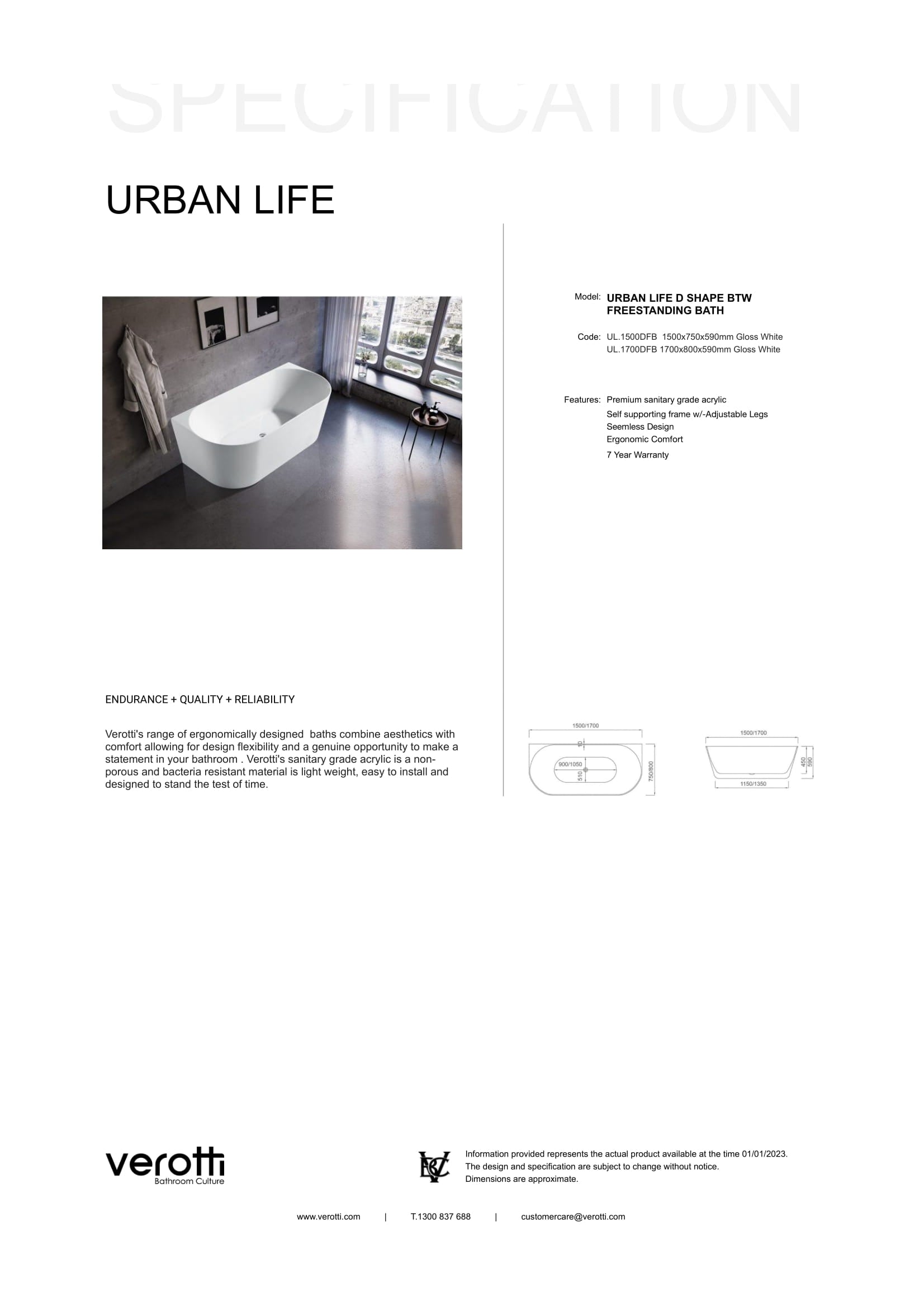 URBAN LIFE D SHAPE BACK TO WALL FREESTANDING BATH
