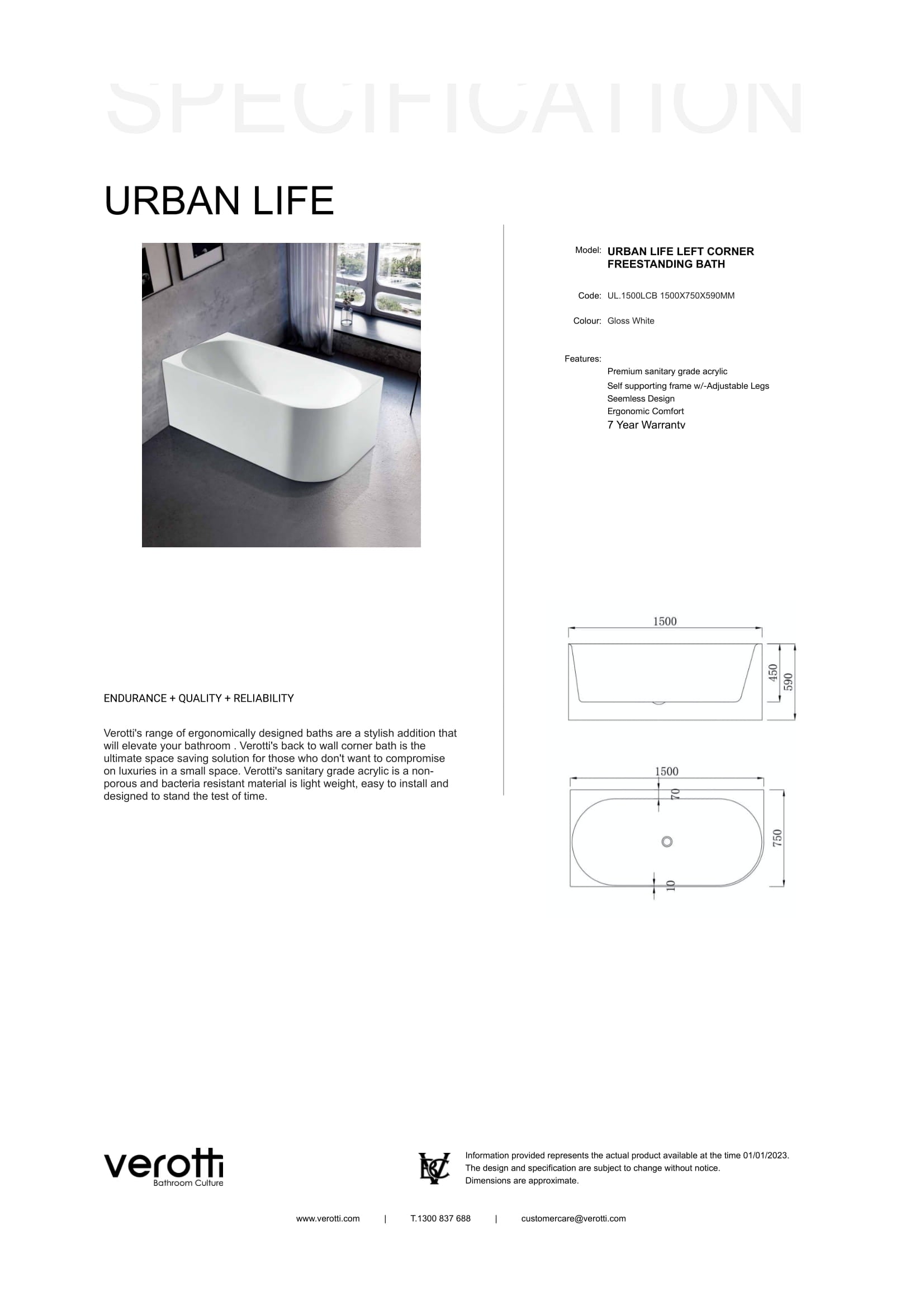 URBAN LIFE CORNER FREESTANDING BATH