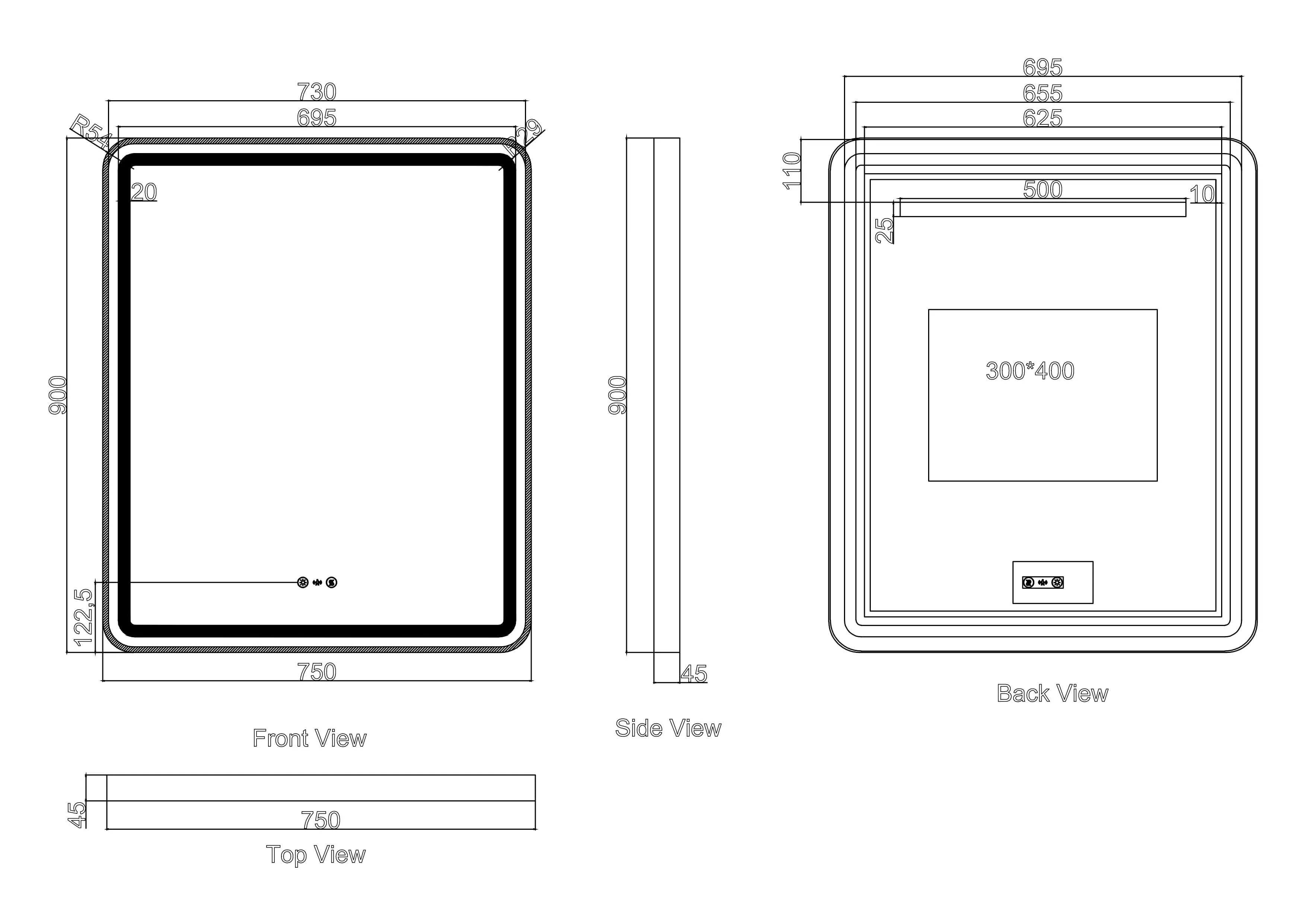 Venus 600×750 / 750×900 / 1200×750mm LED Rectangular Mirror – Gun Metal Frame