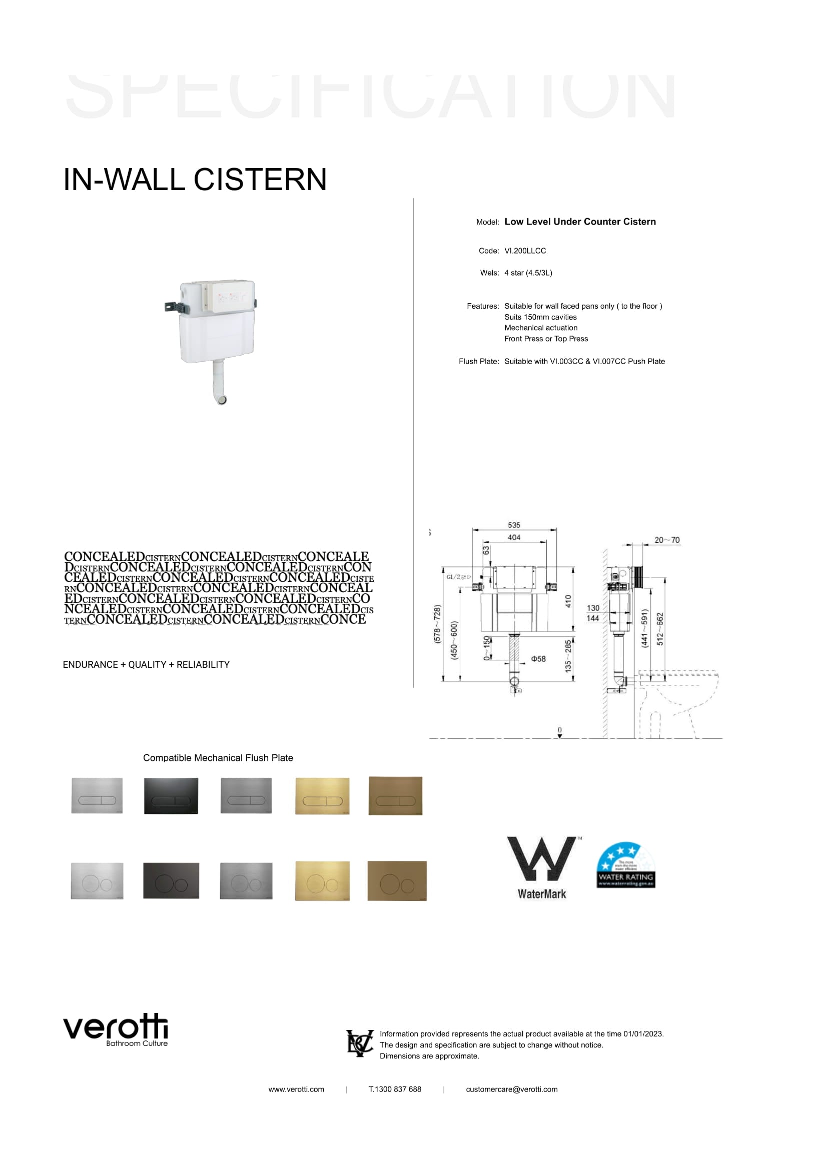VEROTTI – LOW LEVEL MECHANICAL UNDER COUNTER CONCEALED CISTERN