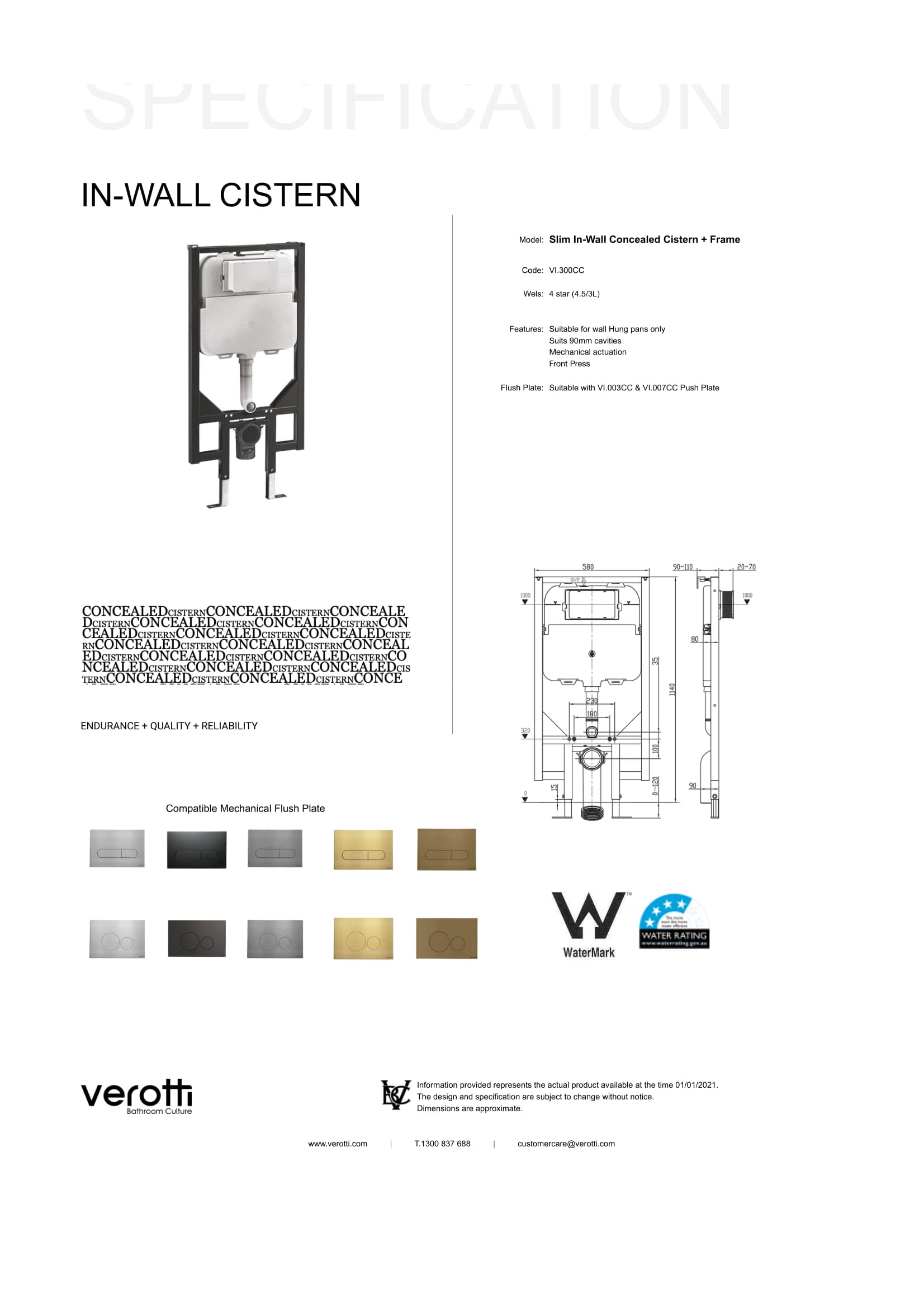 VEROTTI SLIM IN-WALL CONCEALED CISTERN & FRAME – FOR WALL HUNG PANS ONLY