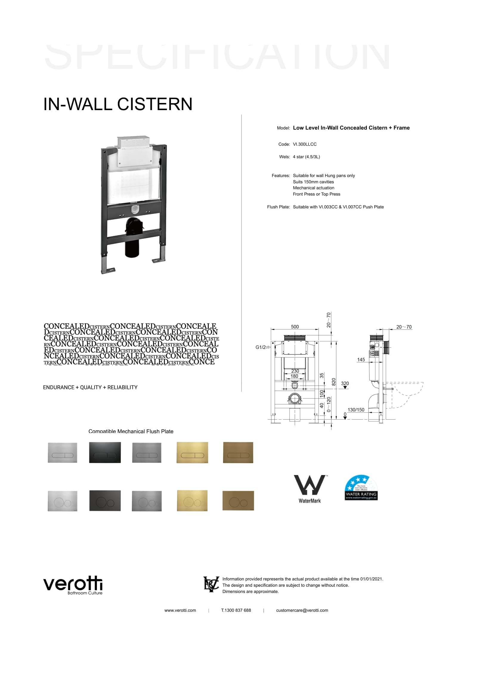 VEROTTI LOW LEVEL IN-WALL CONCEALED CISTERN & FRAME – FOR WALL HUNG PANS ONLY