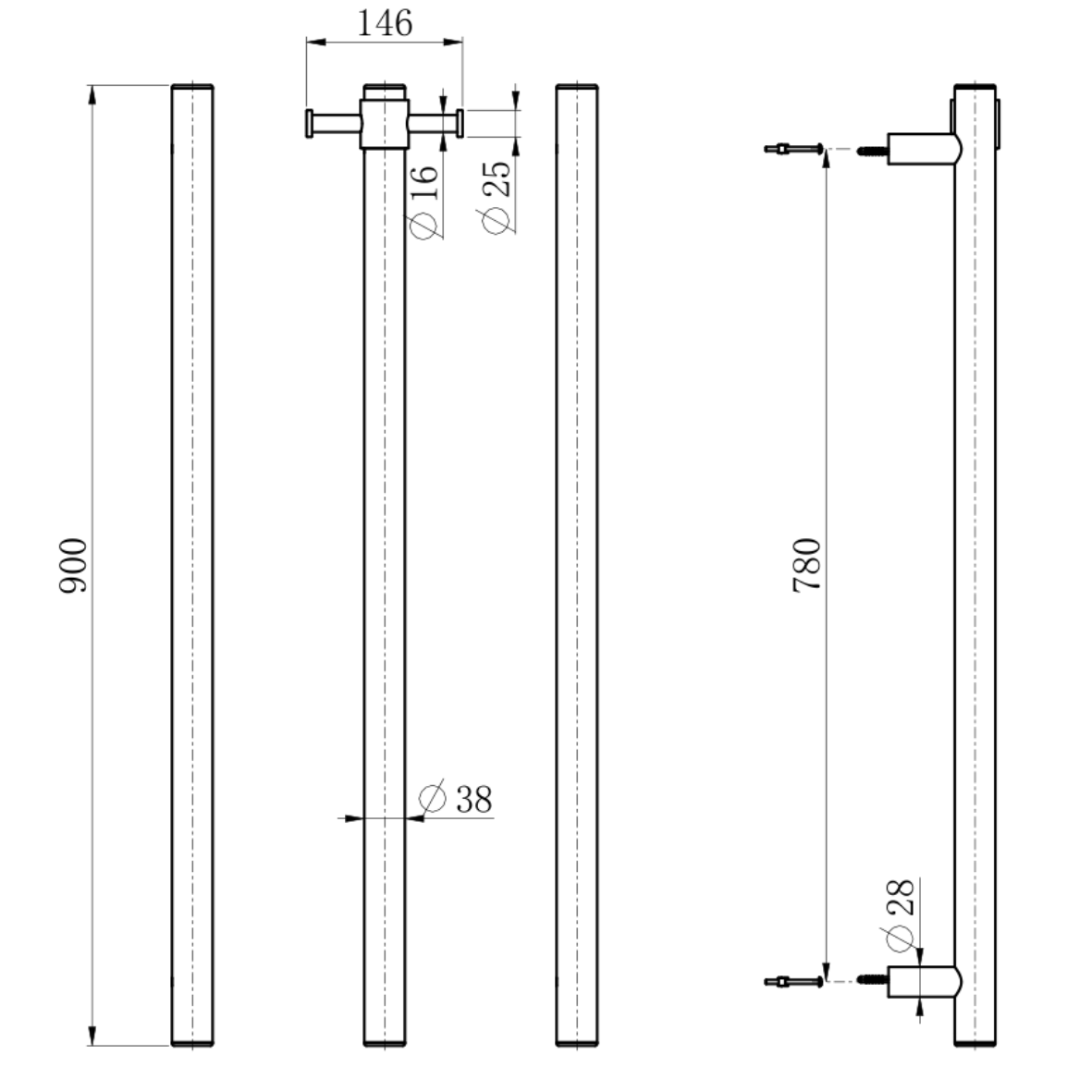 City Life Inox Vertical Single Bar With Robe Hook Heated Towel Rail