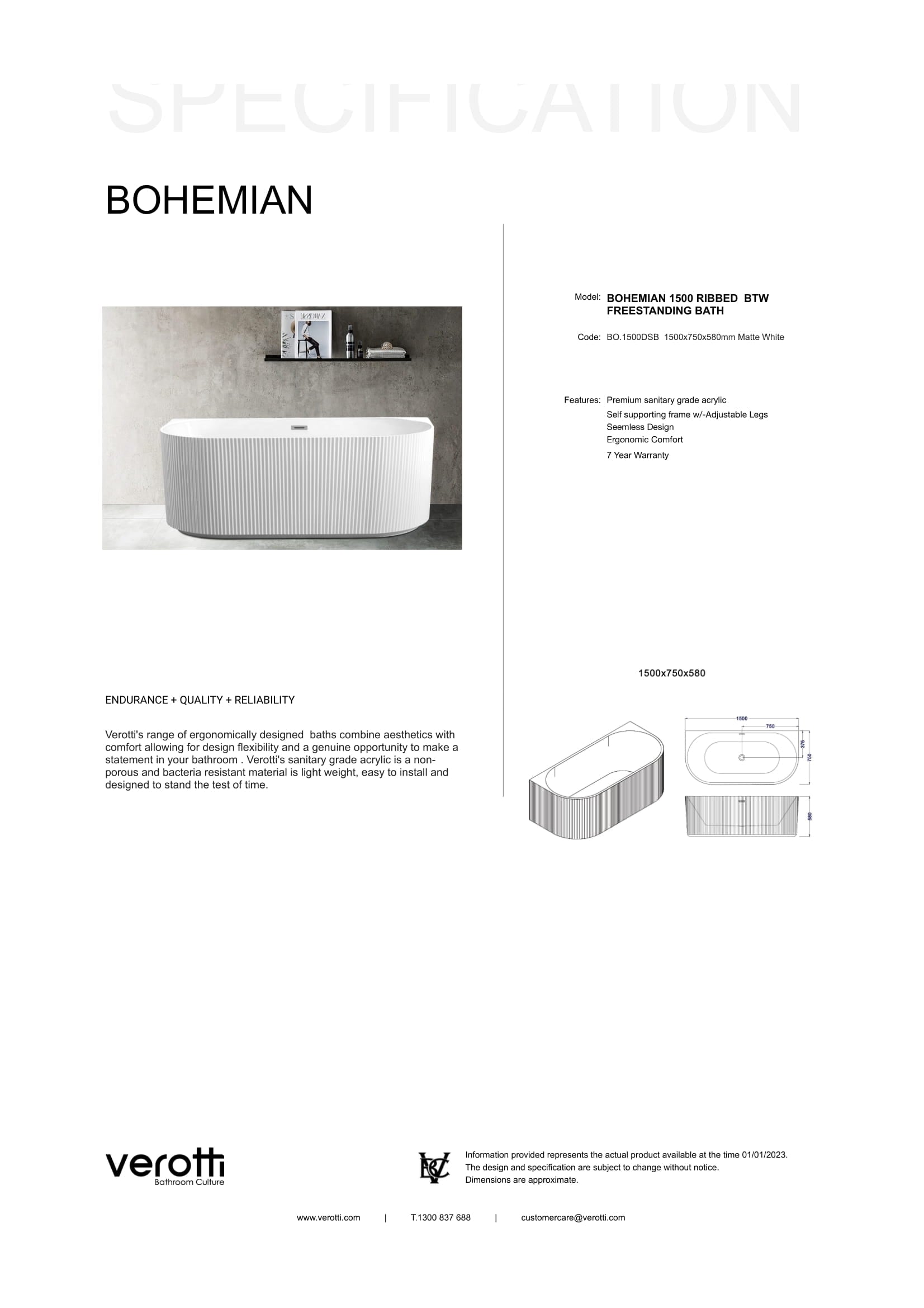 BOHEMAIN D SHAPE BACK TO WALL FREESTANDING BATH