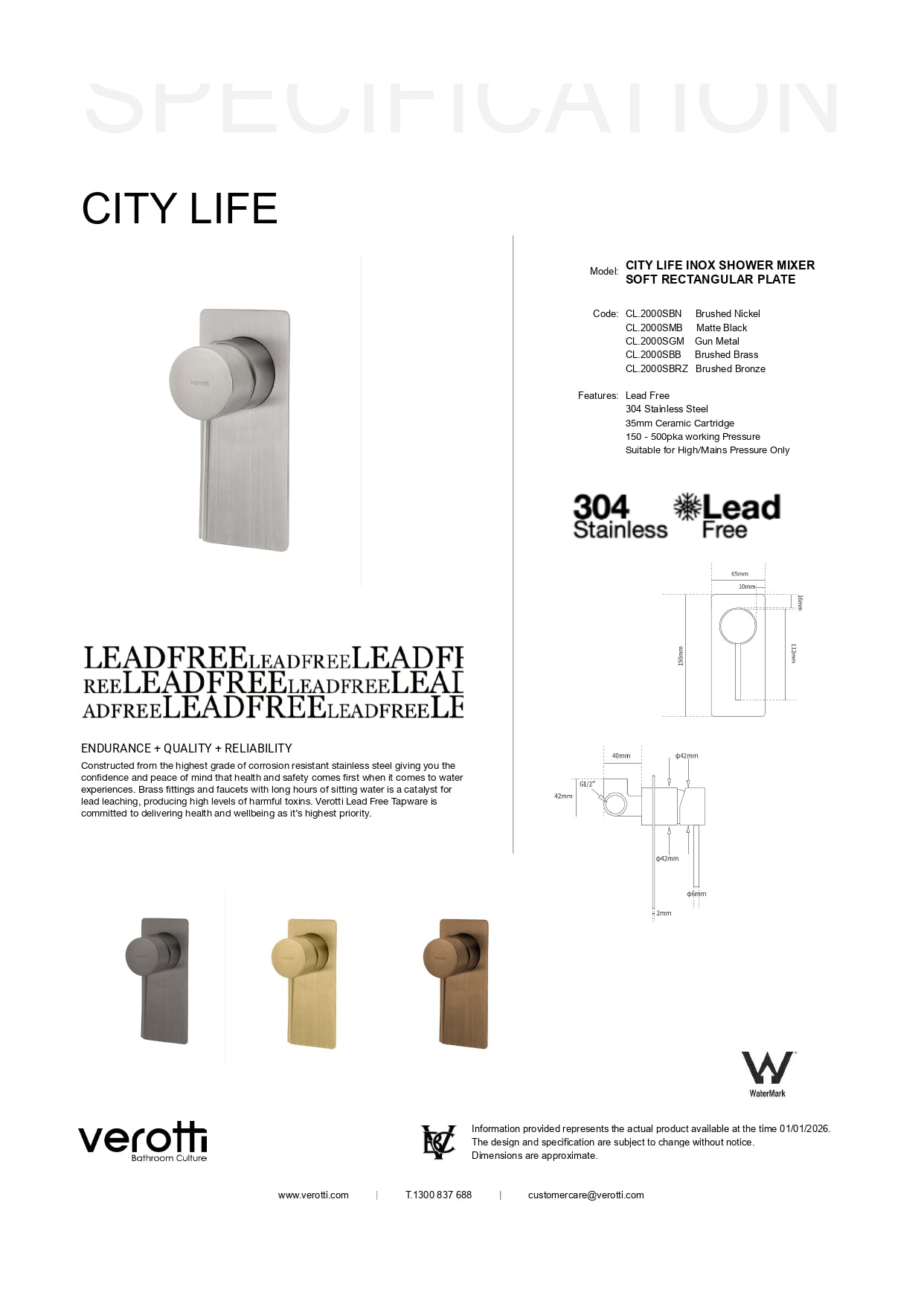 City Life Inox Shower or Bath Mixer Soft Rectangular