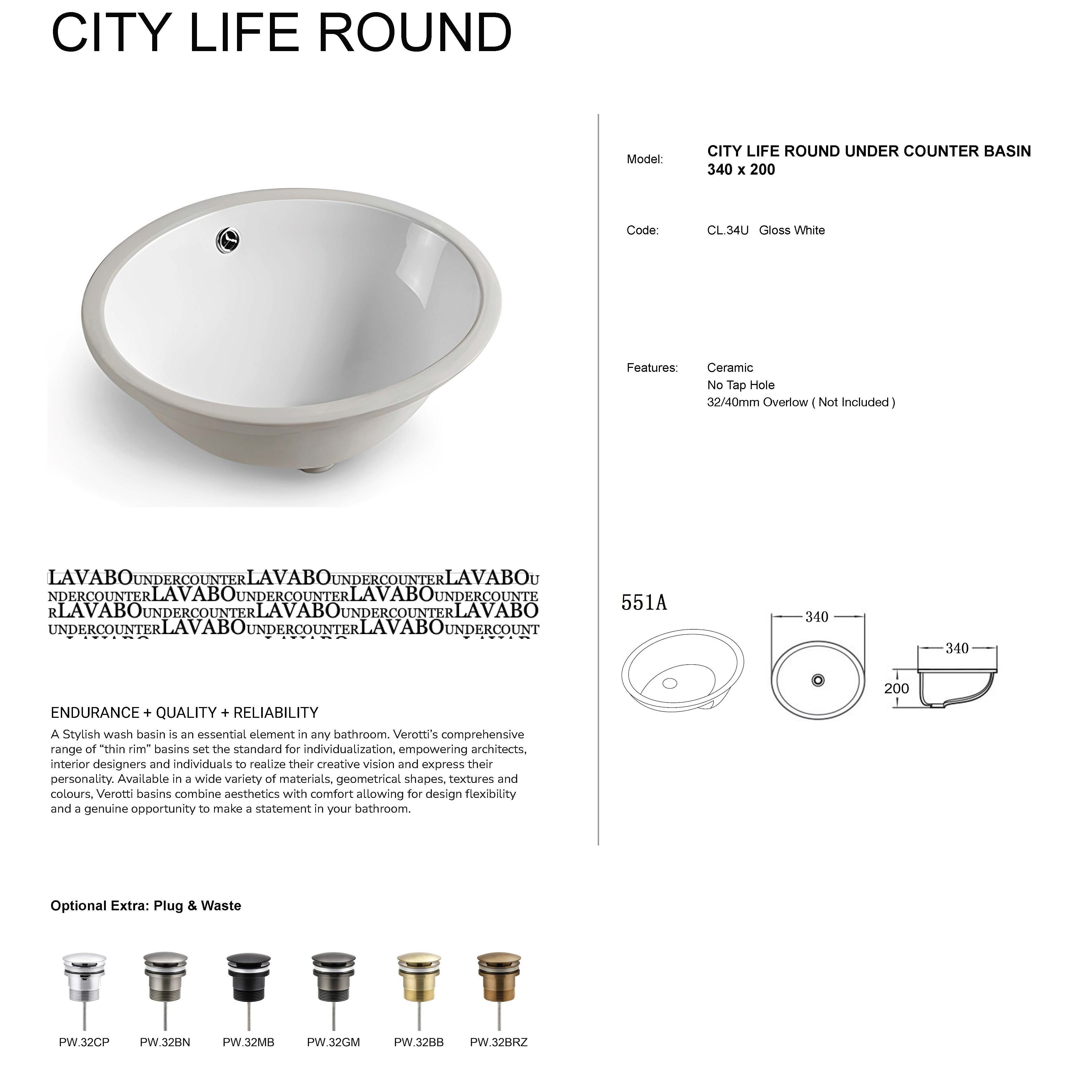 CITY LIFE ROUND UNDER COUNTER BASIN (340, 190)