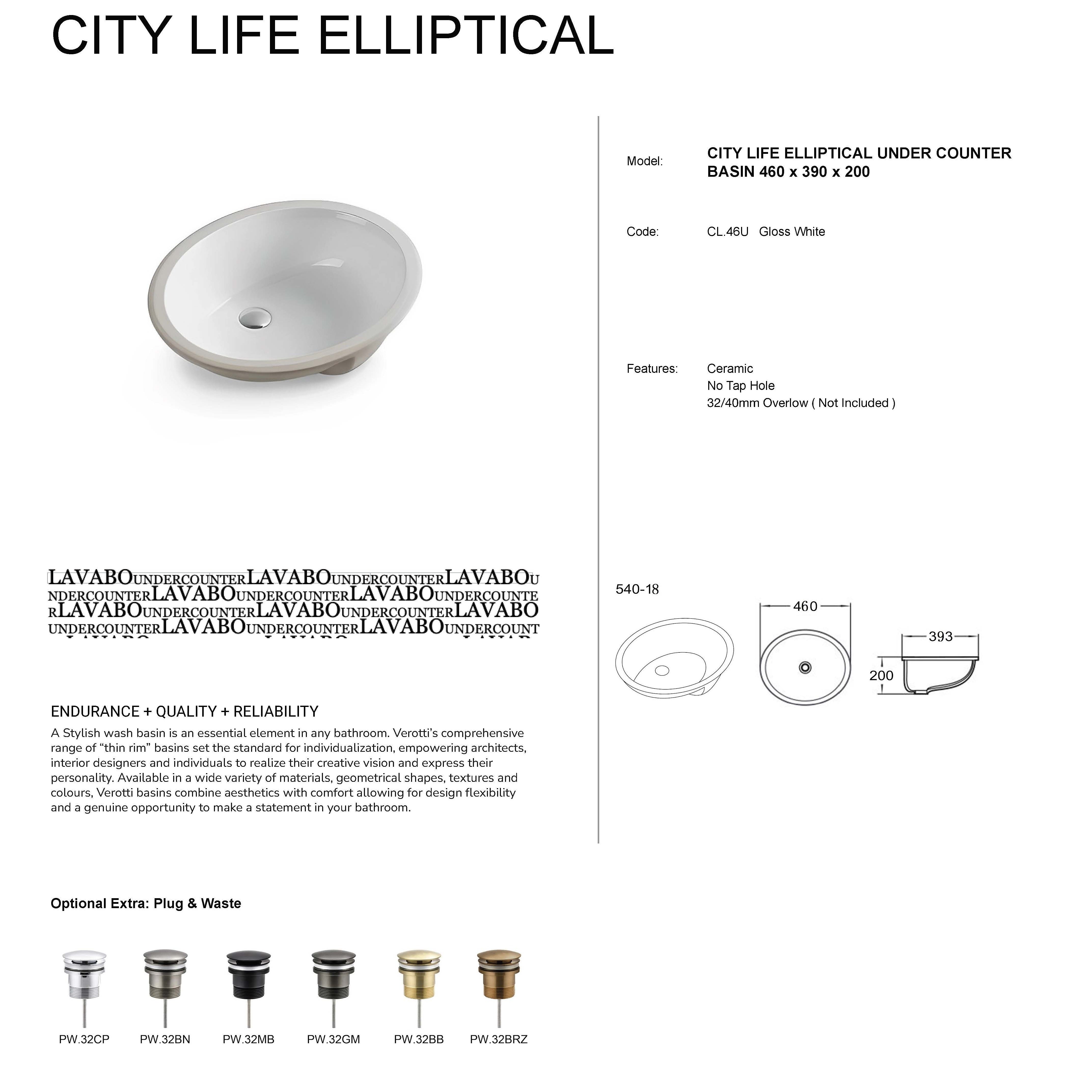 CITY LIFE ELLIPTICAL UNDER COUNTER BASIN (460, 390, 190)