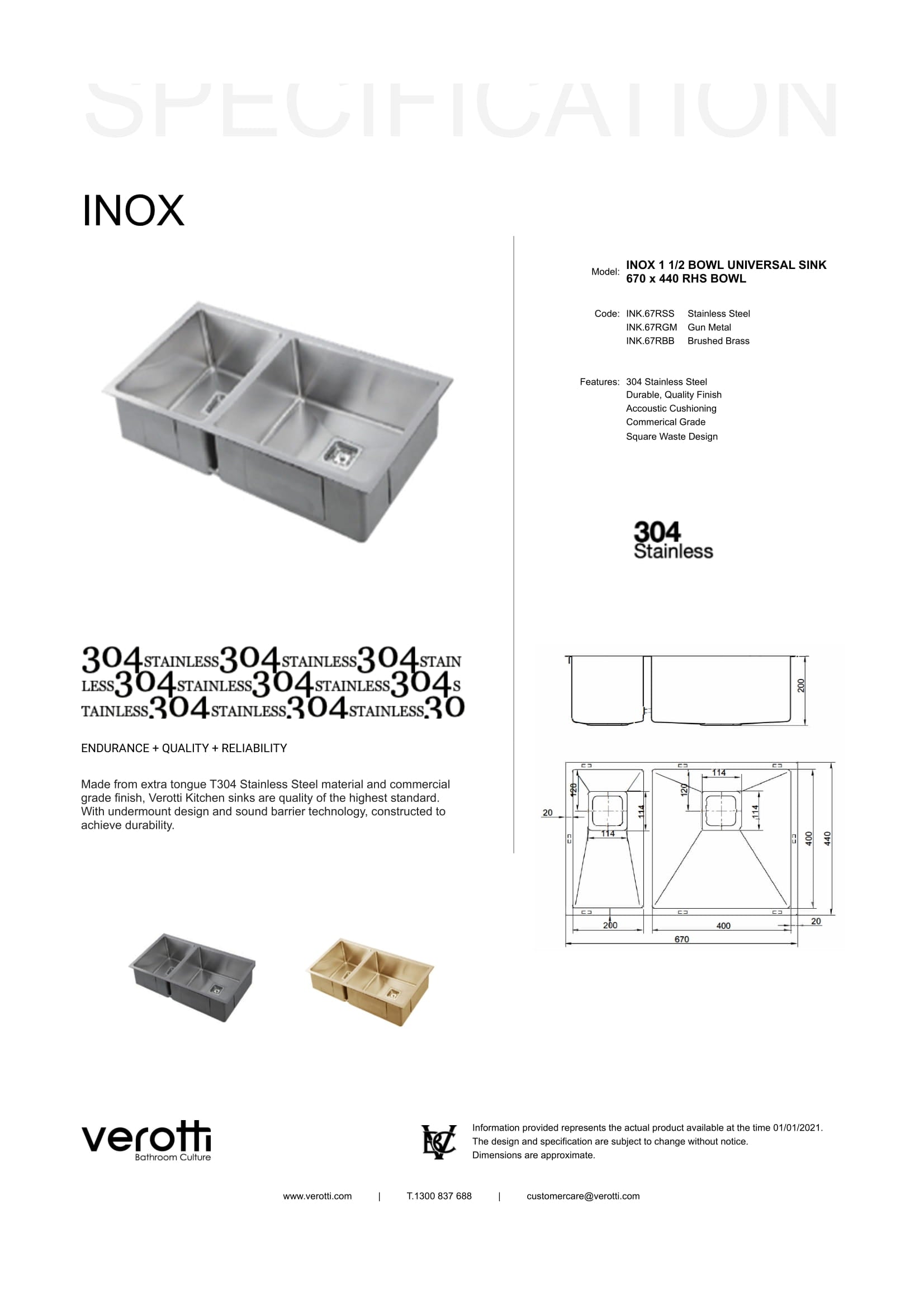 INOX 1 1/2 RIGHT BOWL UNIVERSAL SINK 670 x 440