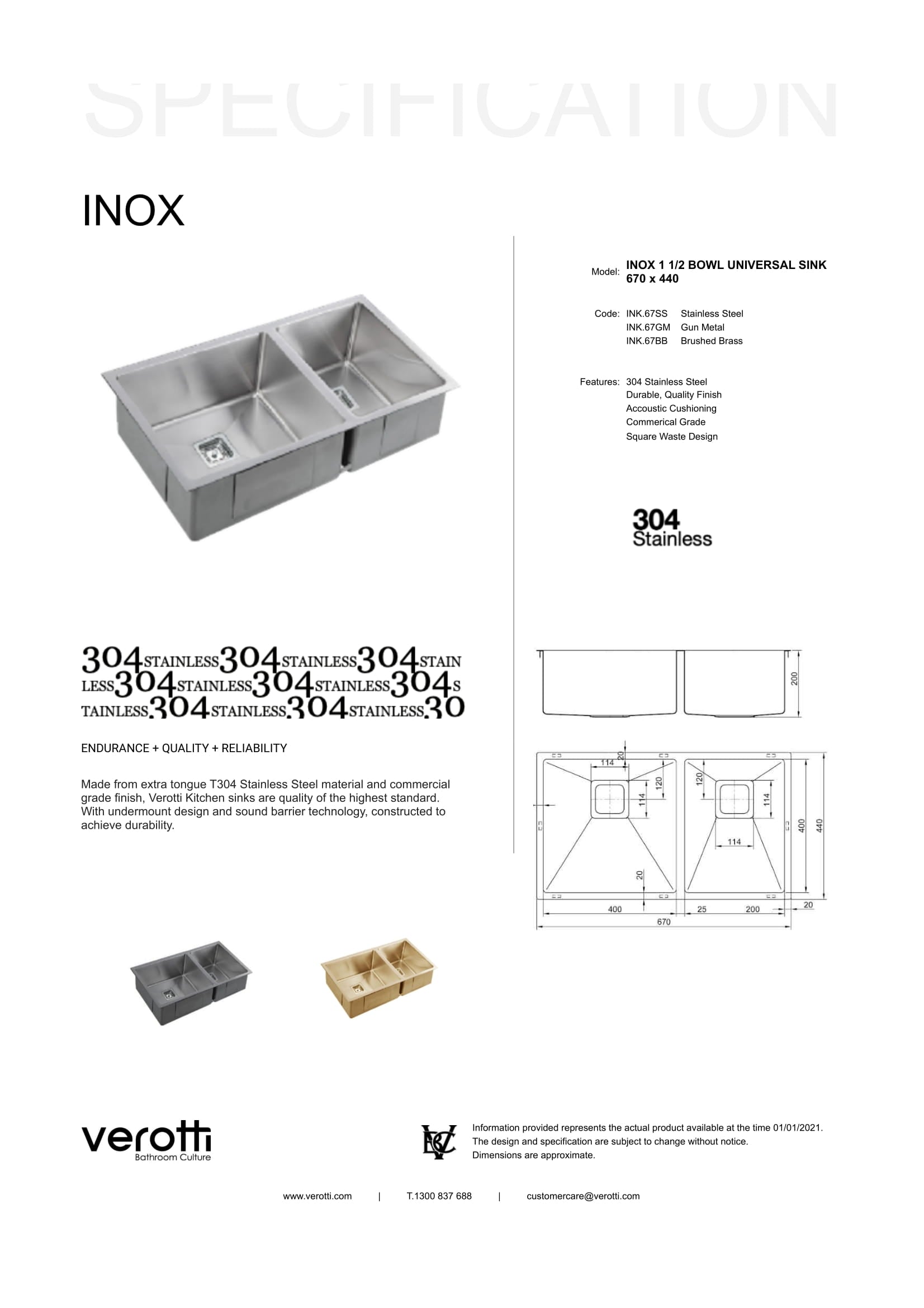 INOX 1 1/2 LEFT BOWL UNIVERSAL SINK 670 x 440