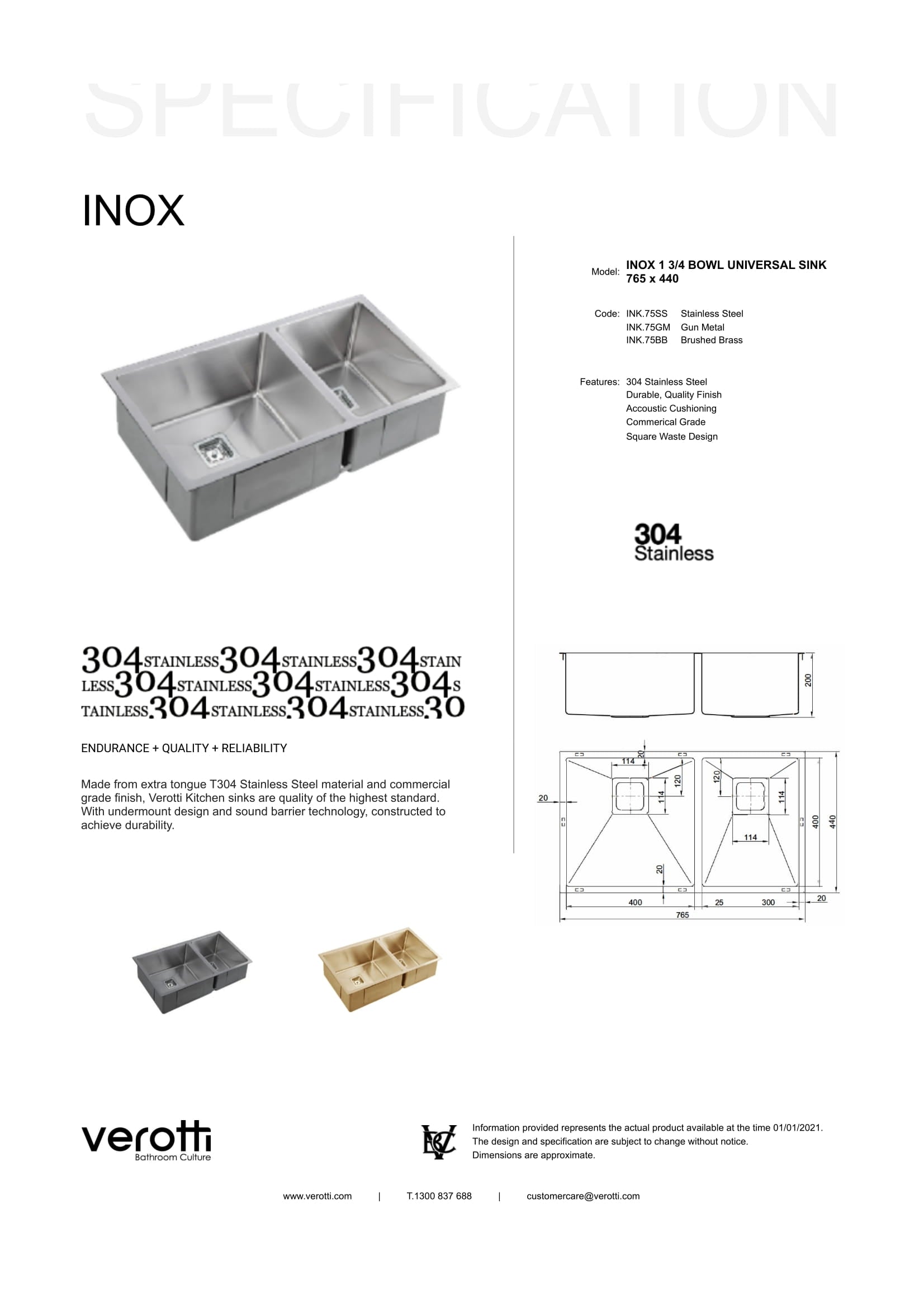 INOX 1 3/4 LEFT BOWL UNIVERSAL SINK 765 x 440