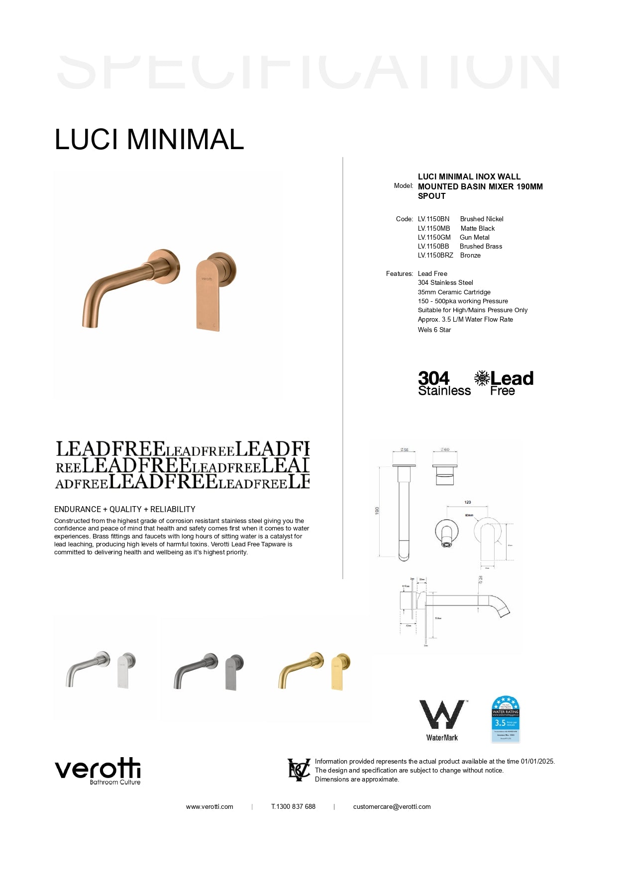 Luci Inox Minimal Wall Mounted Basin/Bath Mixer w/-190 Spout