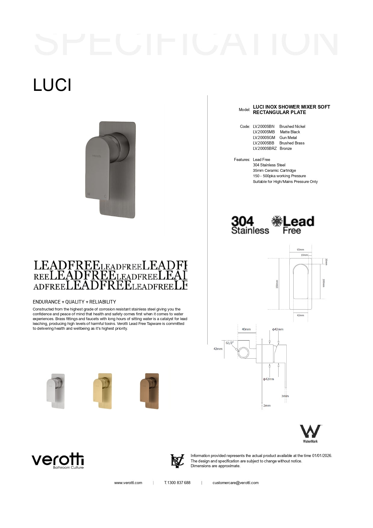 Luci Inox Shower Or Bath Mixer Soft Rectangular