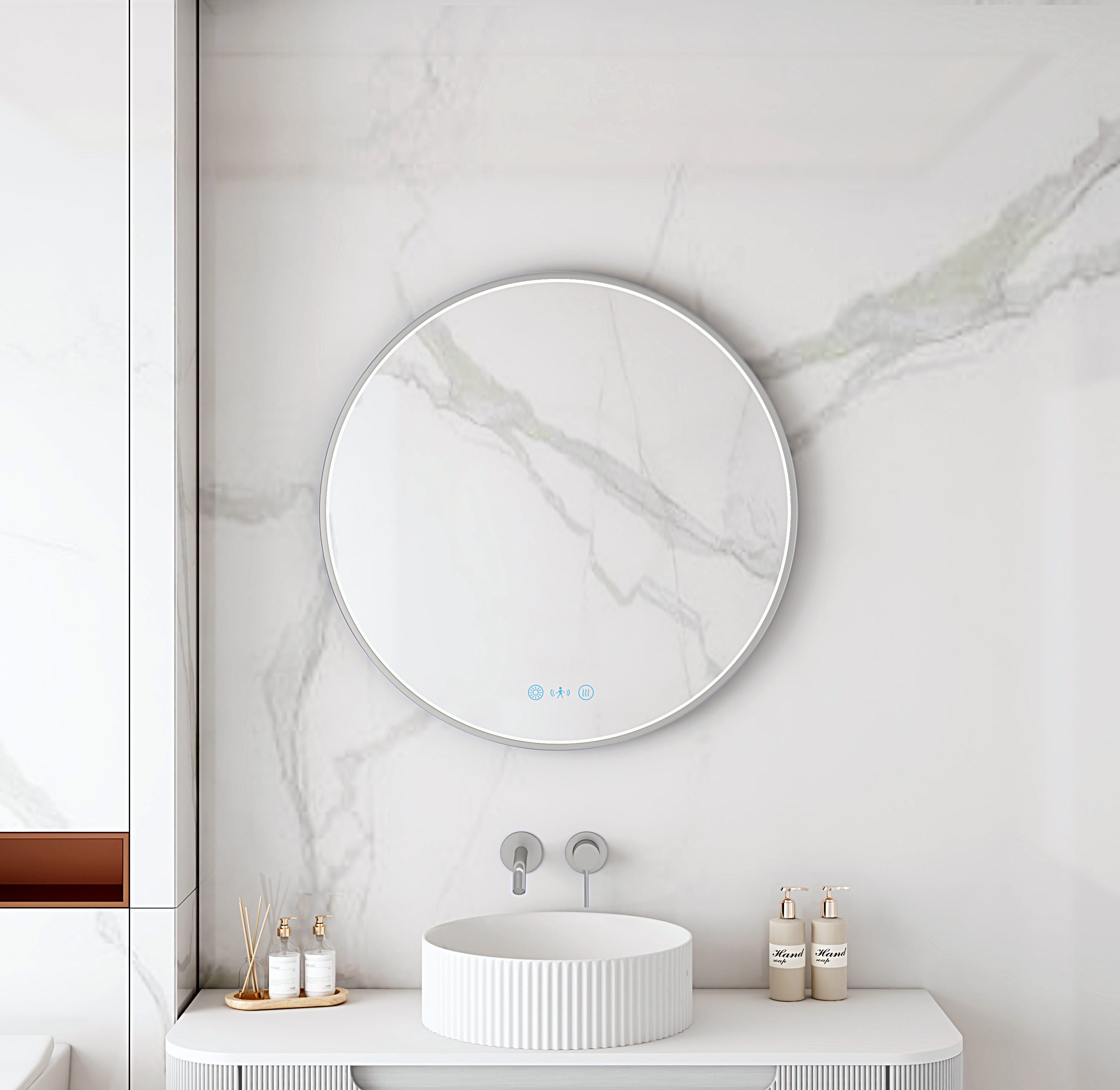 Maia 600/750/900mm LED Round Mirror – Brushed Nickel Frame