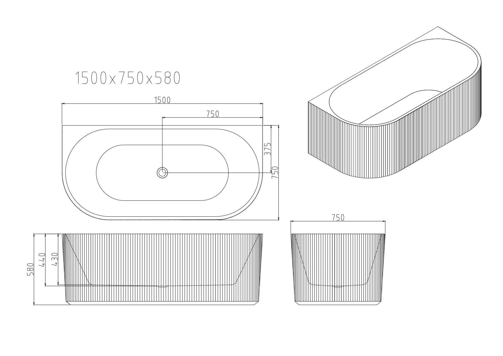 Rose Fluted Back-to-Wall Bathtub