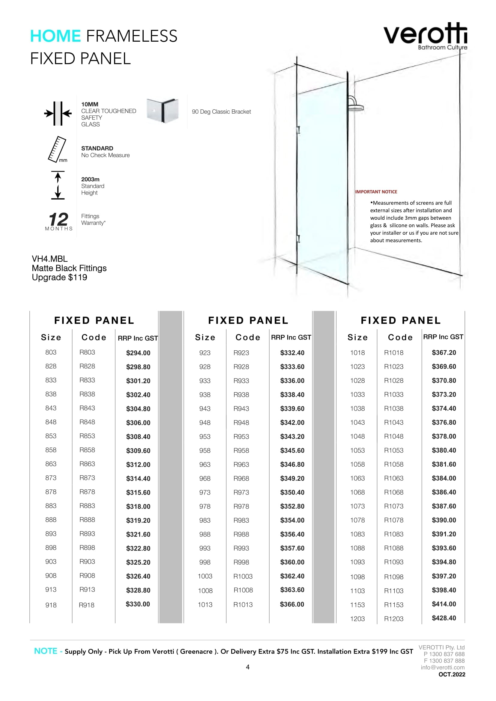 Verotti Home Frameless Fixed Panel