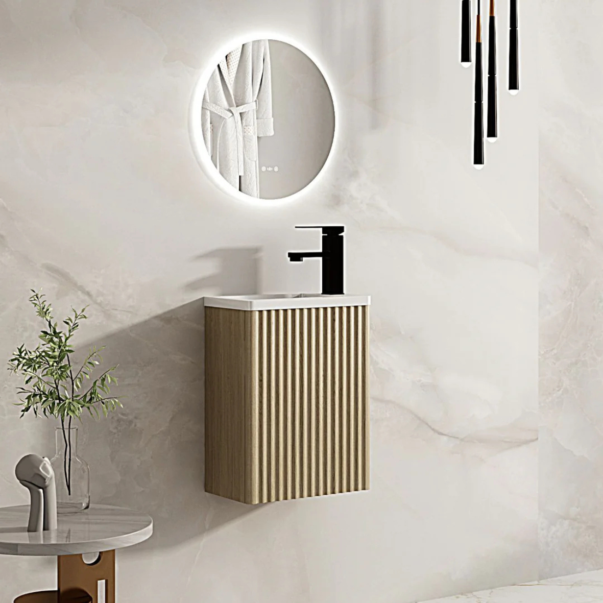 Fluted Rhea 400mm Wall-Hung Cabinet & Gloss White Basin - Natural Oak