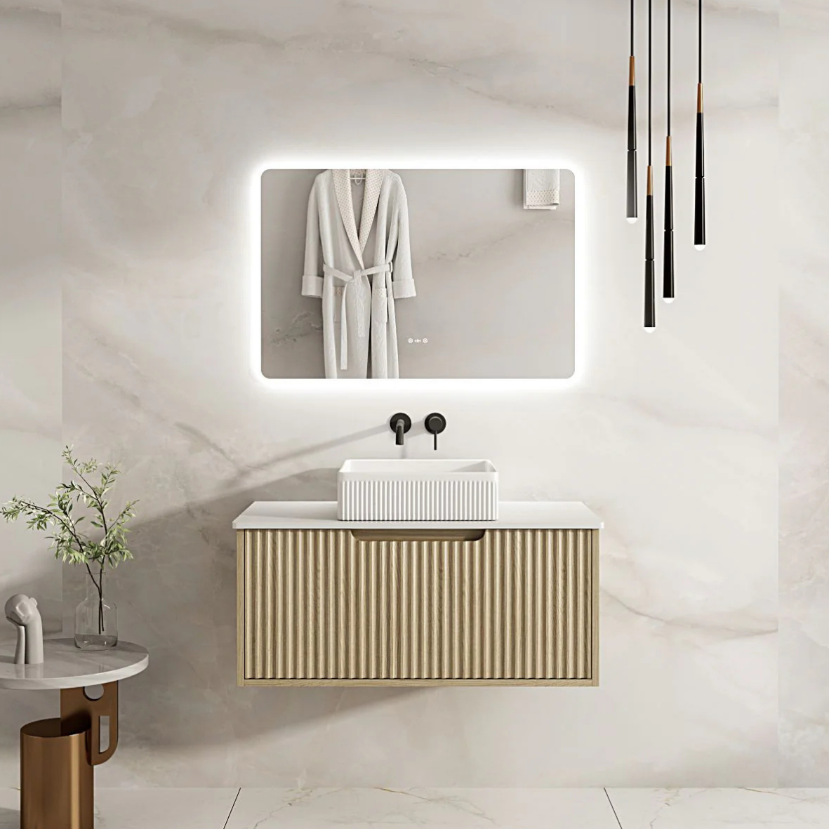 Fluted Rhea 900mm Wall-Hung Cabinet - Natural Oak